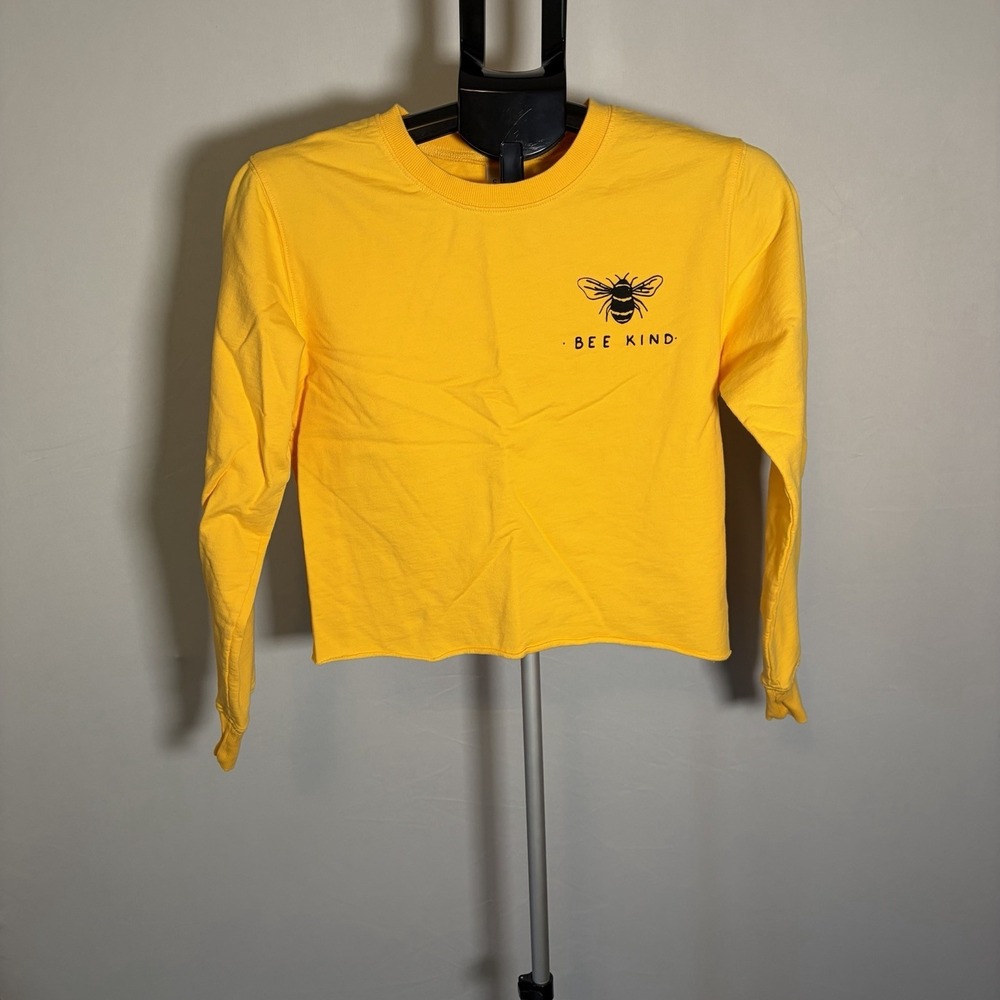 Bee Kind Small Yellow Crop Top Long Sleeve Summer Insect Happy Eco Honey Boho